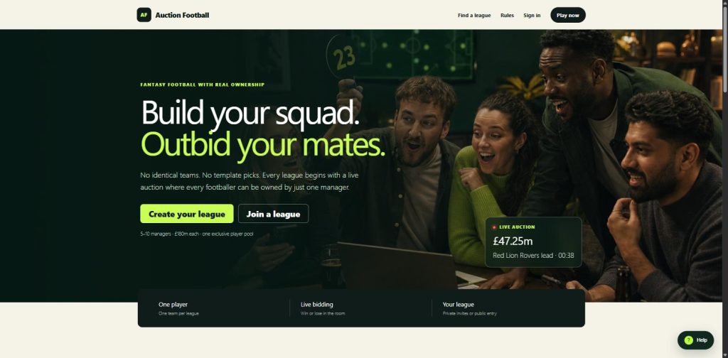 Auction Football homepage showing the Premier League fantasy football auction game