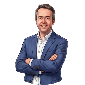 Smiling 3D illustration of a man in a blue suit with arms crossed